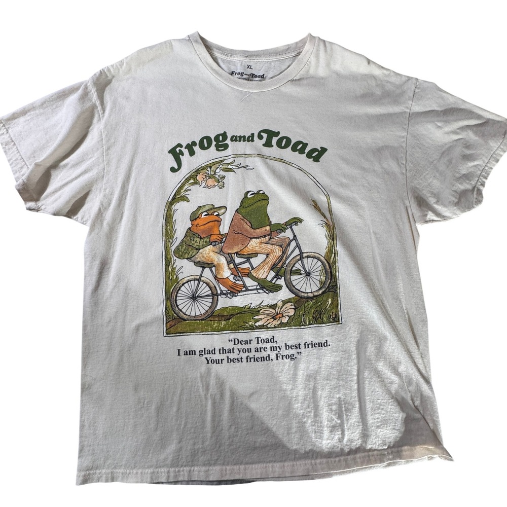 Frog and Toad Together Best Friend Tandem Bike Graphic T-Shirt Cream XL Cotton